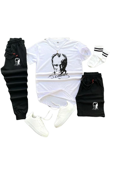 Mustafa Kemal Atatürk Baskılı Original Ünisex Yazlık Şort T-shirt Eşofman Altı 3 Lü Set Combin Takım