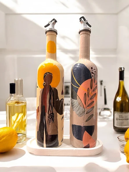 El Yapımı Dekoratif Yağdanlık, Afro Kadın ve Tropikal Yaprak Desenli Zeytinyağı, Sirkelik, Sosluk Seti - 2