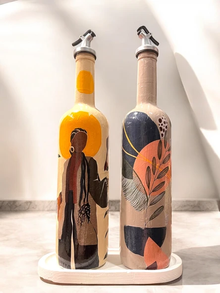 El Yapımı Dekoratif Yağdanlık, Afro Kadın ve Tropikal Yaprak Desenli Zeytinyağı, Sirkelik, Sosluk Seti