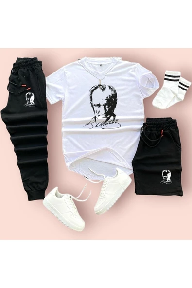 Mustafa Kemal Atatürk Baskılı Original Ünisex Yazlık Şort T-shirt Eşofman Altı 3 Lü Set Combin Takım - Resim 2