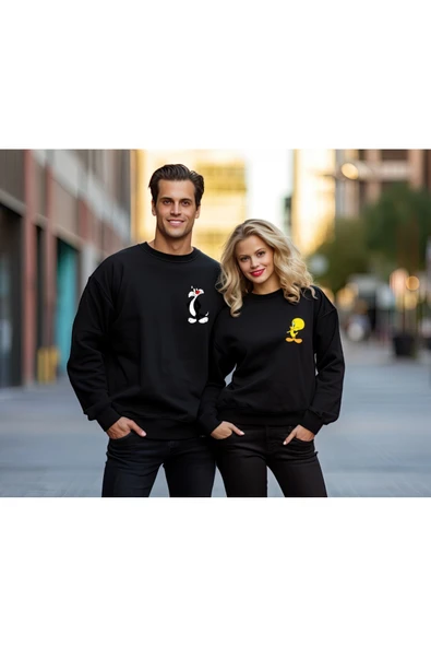 Sweatshirt Sevgili Combin Sylvester & Tweety Baskılı Pamuklu kalın ve Yumuşak ürün Şardonlu 2'Lİ Set