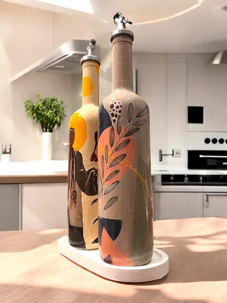 El Yapımı Dekoratif Yağdanlık, Afro Kadın ve Tropikal Yaprak Desenli Zeytinyağı, Sirkelik, Sosluk Seti - 5