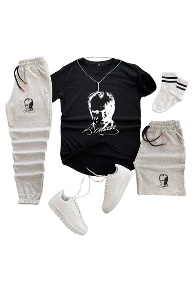 Mustafa Kemal Atatürk Baskılı Original Ünisex Yazlık Şort T-shirt Eşofman Altı 3 Lü Set Combin Takım - Resim 6