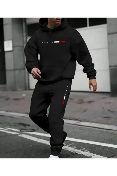 Eşofman Takımı Kapşonlu Paris Baskılı Şardonlu ve Pamuklu yumuşak kalın ürün 2'li set combin - Resim 4