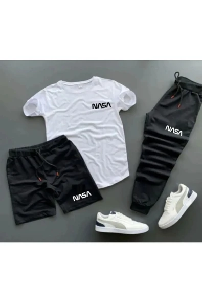 Nasa Baskılı Unisex Yazlık Şort T-shirt Eşofman Altı 3 lü Set Combin Takım - Resim 2