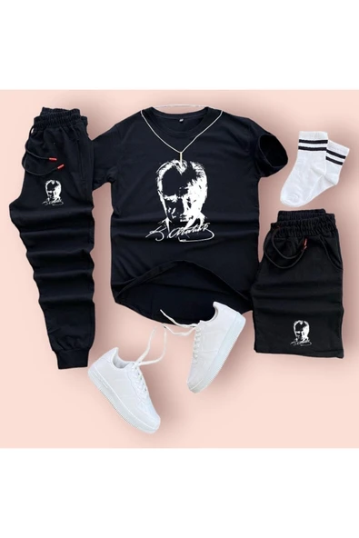 Mustafa Kemal Atatürk Baskılı Original Ünisex Yazlık Şort T-shirt Eşofman Altı 3 Lü Set Combin Takım - Resim 8