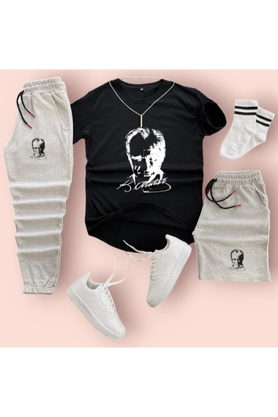 Mustafa Kemal Atatürk Baskılı Original Ünisex Yazlık Şort T-shirt Eşofman Altı 3 Lü Set Combin Takım - Resim 4
