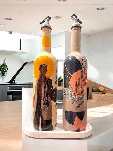 El Yapımı Dekoratif Yağdanlık, Afro Kadın ve Tropikal Yaprak Desenli Zeytinyağı, Sirkelik, Sosluk Seti - 7