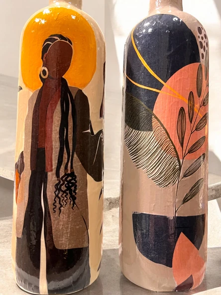 El Yapımı Dekoratif Yağdanlık, Afro Kadın ve Tropikal Yaprak Desenli Zeytinyağı, Sirkelik, Sosluk Seti - 3