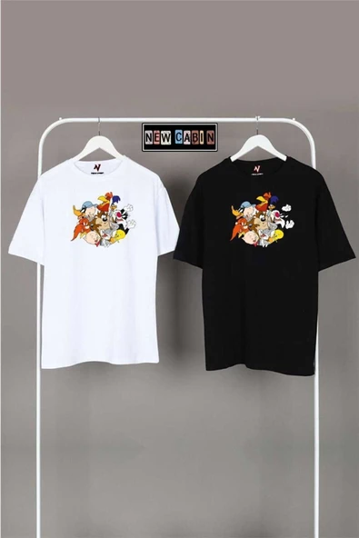 Yeni Sezon Unisex Siyah-beyaz Oversize Çift Kombinleri 2'li T-shirt