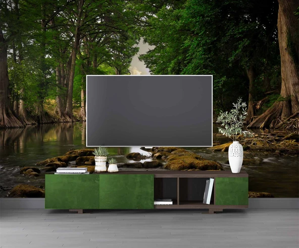 Orman ve Nehir Manzaralı Duvar Kağıdı - Resim 3