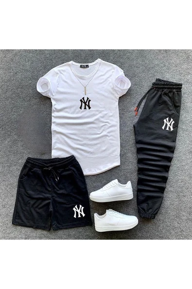 NY Baskılı Original Ünisex Yazlık Şort T-shirt Eşofman Altı 3 lü Set Combin Takım