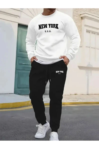 Eşofman Takımı  NewYork Baskılı Unisex Kışlık Kalın Pamuklu Sweatshirt Ve Eşofman Altı 2' Li Set