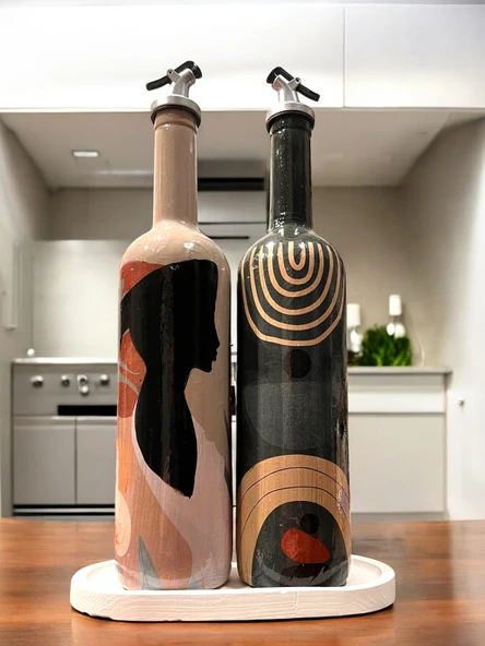 El Yapımı Dekoratif Minimalist Afro Kadın ve Geometrik Desenli Yağdanlık Seti, Sosluk, Sirkelik, Mutfak DekorMutfak - 6