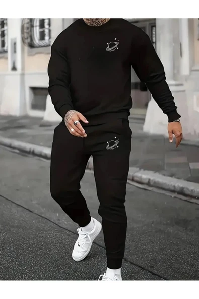 Eşofman Takımı Gezegen Baskılı  Ünisex Kışlık Sweatshirt ve Eşofman Altı 2 li Set Combin Pamuklu - 10