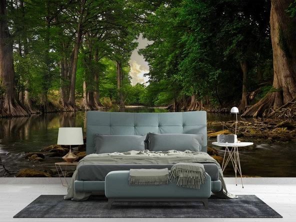 Orman ve Nehir Manzaralı Duvar Kağıdı - Resim 2