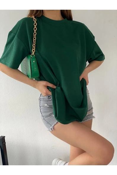 Dwn Wear Yeşil Bisiklet Yaka Pamuk Oversize Boyfriend T-shirt - 3
