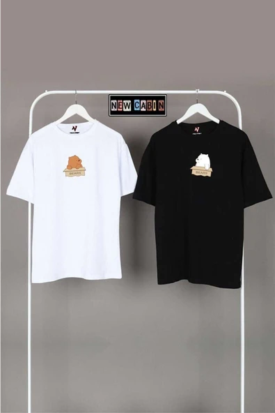 Yeni Sezon Unisex Siyah-beyaz Oversize Çift Kombinleri 2'li T-shirt
