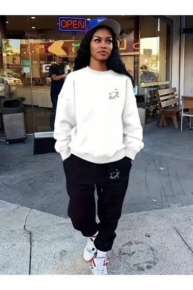 Eşofman Takımı Gezegen Baskılı  Ünisex Kışlık Sweatshirt ve Eşofman Altı 2 li Set Combin Pamuklu - 4