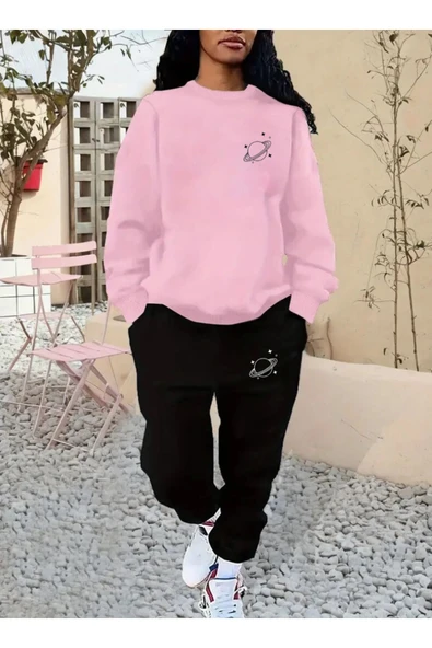 Eşofman Takımı Gezegen Baskılı  Ünisex Kışlık Sweatshirt ve Eşofman Altı 2 li Set Combin Pamuklu