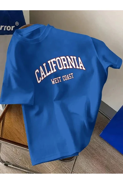 Oversize Calıfornıa Baskılı T-shirt Unisex Pamuklu Bisiklet Yaka Kısa Kollu - Resim 4