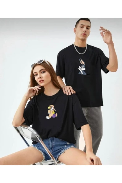 Yeni Sezon Oversize Geniş Kalıp Unisex Tom Baskılı Siyah Sevgili Kombini Yazlık T-shirt ürün görseli