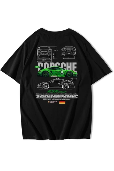 Unisex Oversize Porsche Rs Raw Green T-shirt - Resim 2
