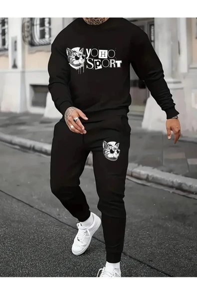 Eşofman Takımı Kedi Baskılı Ünisex Kışlık Kalın Sweatshirt ve Eşofman Altı 2 li Set Combin Takım