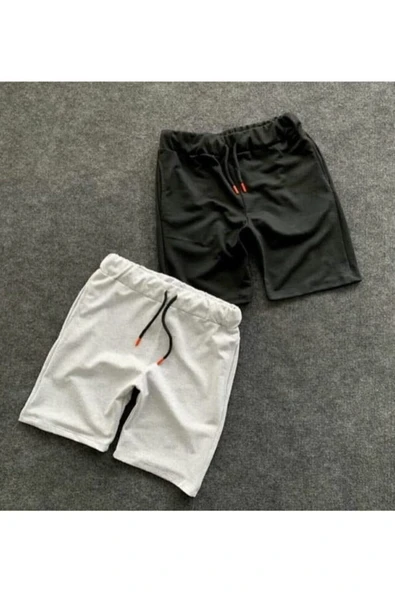 Unisex Slim Fit Gri Siyah Pamuklu Yazlık Şort 2'li