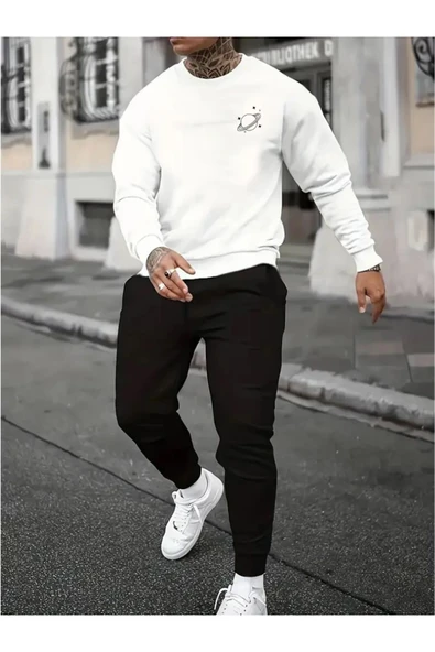 Eşofman Takımı Gezegen Baskılı  Ünisex Kışlık Sweatshirt ve Eşofman Altı 2 li Set Combin Pamuklu - 5