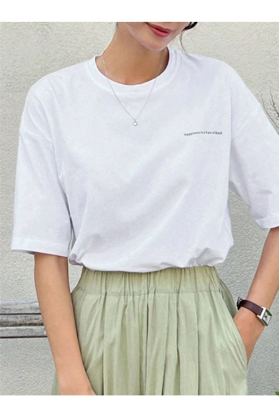 Happiness İs a State Of Mind Baskılı Oversize Tshirt - Resim 3