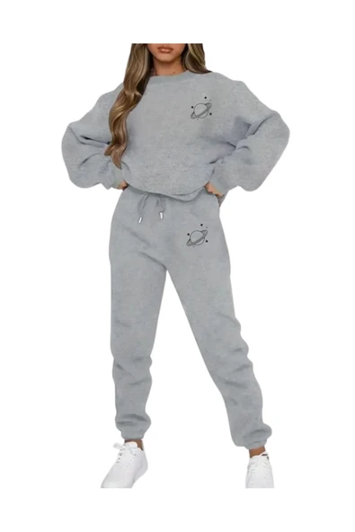 Eşofman Takımı Gezegen Baskılı  Ünisex Kışlık Sweatshirt ve Eşofman Altı 2 li Set Combin Pamuklu - 7