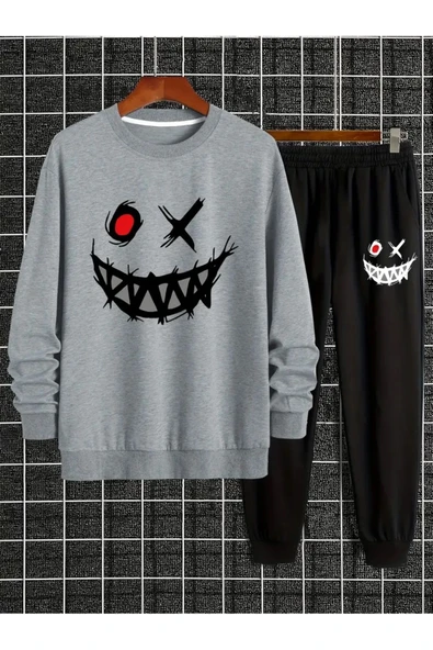 Eşofman Takımı Gülen yüz baskılı Unisex kışlık Kalın pamuklu Sweatshirt ve Eşofman altı 2' li set - 2
