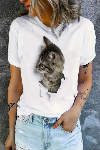 Kedi Baskılı Original Ünisex %100 Pamuklu Yeni sezon Yazlık T-shirt ürün görseli