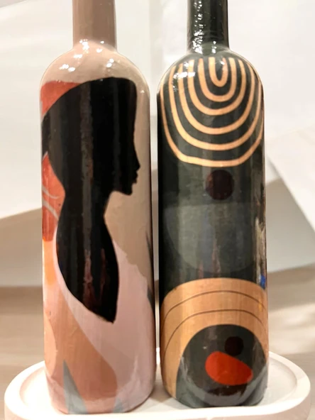 El Yapımı Dekoratif Minimalist Afro Kadın ve Geometrik Desenli Yağdanlık Seti, Sosluk, Sirkelik, Mutfak DekorMutfak - 3