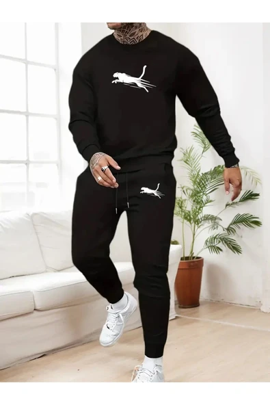 Eşofman Takımı  Leopar Baskılı Unisex Kışlık Kalın Pamuklu Sweatshirt Ve Eşofman Altı 2' Li Set