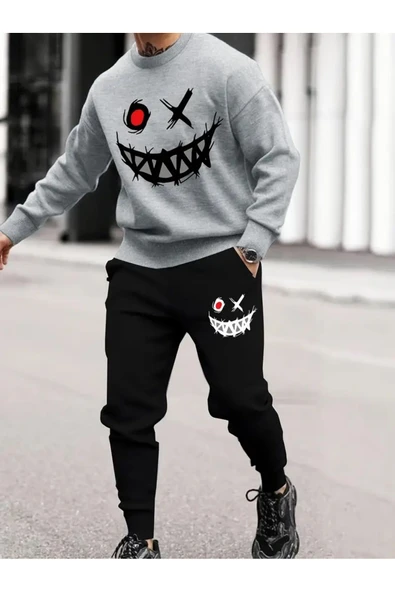 Eşofman Takımı Gülen yüz baskılı Unisex kışlık Kalın pamuklu Sweatshirt ve Eşofman altı 2' li set