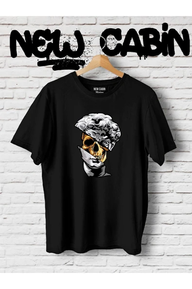 Yeni Sezon Unisex Skull Heykel Ön Baskılı Siyah Oversize Tişört ürün görseli