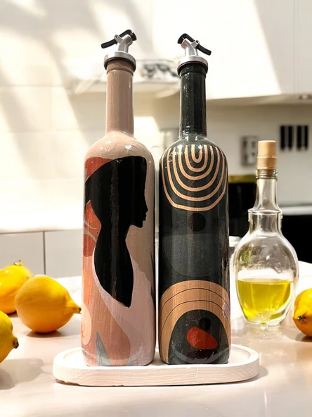 El Yapımı Dekoratif Minimalist Afro Kadın ve Geometrik Desenli Yağdanlık Seti, Sosluk, Sirkelik, Mutfak DekorMutfak - 2