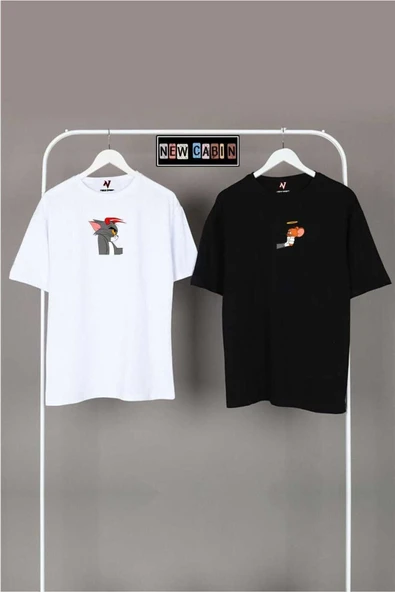 Yeni Sezon Unisex Siyah-beyaz Oversize Çift Kombinleri 2'li T-shirt ürün görseli