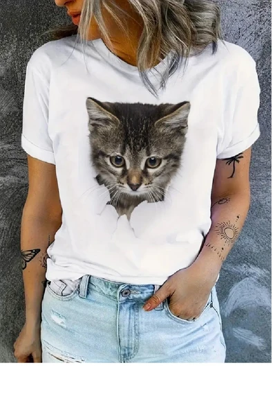 Kedi Baskılı Original Ünisex %100 Pamuklu Yeni sezon Yazlık T-shirt - 1