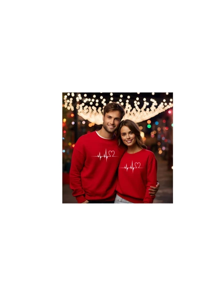 Sweatshirt Sevgili Combin Kalp Nabız Baskılı Pamuklu kalın ve Yumuşak ürün İçi Şardonlu 2 'Lİ Set - 7