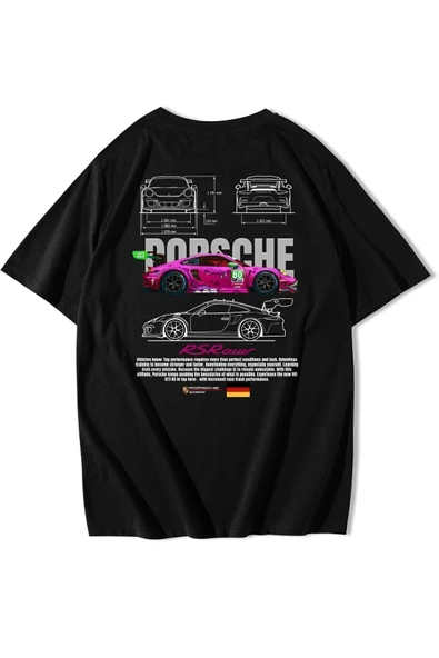 Unisex Oversize Porsche RS Raw Pink T-shirt - Resim 2