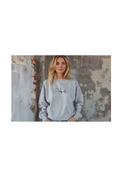 Sweatshirt Sevgili Combin Kalp Nabız Baskılı Pamuklu kalın ve Yumuşak ürün İçi Şardonlu 2 'Lİ Set - 2