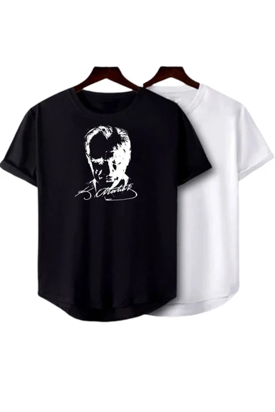Ataürk Baskılı Original Ünisex Yazlık 2li Siyah ve Beyaz T-shirt ürün görseli