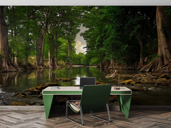 Orman ve Nehir Manzaralı Duvar Kağıdı - Resim 4