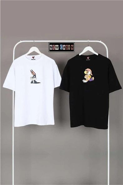 Yeni Sezon Unisex Siyah-beyaz Oversize Çift Kombinleri 2'li T-shirt