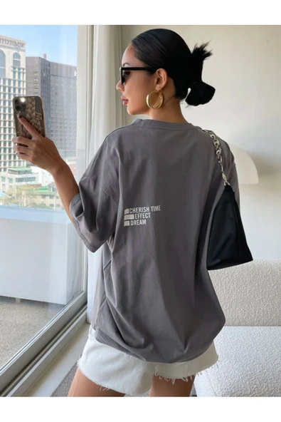 Cherısh Time Effect SIRT ve Ön Baskılı Oversize Tshirt - Resim 2