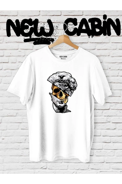 Yeni Sezon Unisex Skull Heykel Ön Baskılı Beyaz Oversize Tişört - 1