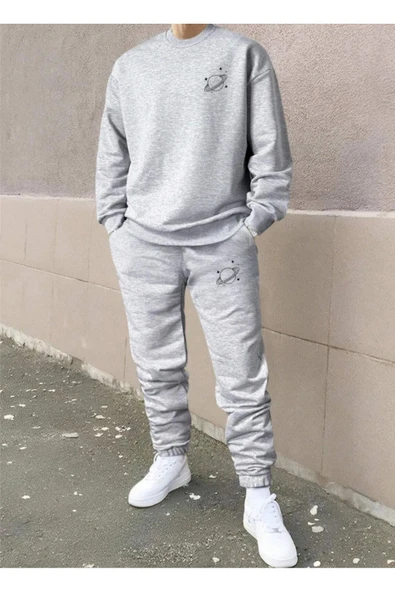 Eşofman Takımı Gezegen Baskılı  Ünisex Kışlık Sweatshirt ve Eşofman Altı 2 li Set Combin Pamuklu - 8